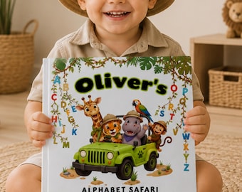 Personalized Baby Alphabet Book, 1st birthday book for toddler, Safari Animal ABC Book, Wild One Birthday Gift, Kids Alphabet Book