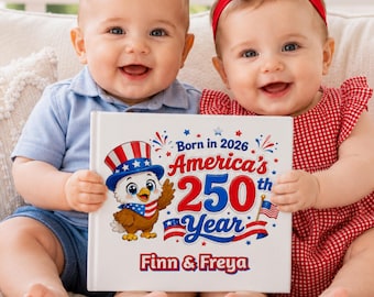 Personalized Born in 2026 America’s 250th Year Twins Book, Custom 4th of July Baby Storybook, Patriotic Twin Keepsake Gift