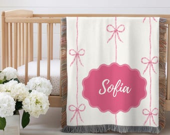 Personalized Striped Bow Baby Blanket | Custom Name Woven Blanket | Granddaughter Gift | Grandson Gift | Newborn Keepsake | Nursery Blanket
