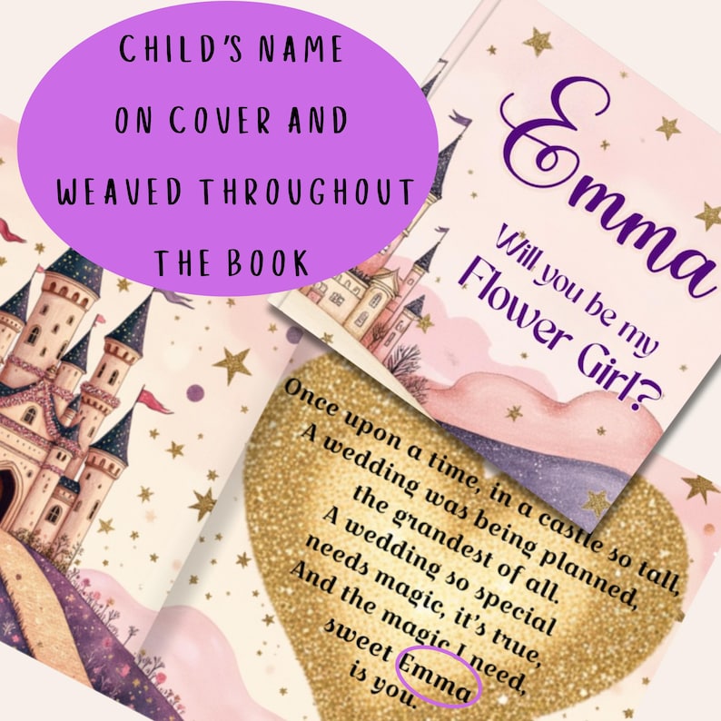 May include: A personalized children's book with a castle illustration and the text "Emma, Will you be my Flower Girl?" The book features a gold heart with text and stars. The text reads "Child's Name on Cover and Weaved Throughout The Book."
