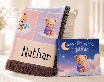 Personalized Baby Blanket and Bedtime Story Book Set, Custom Newborn Keepsake Gift for Baby Shower Baptism Christening Nursery Decor