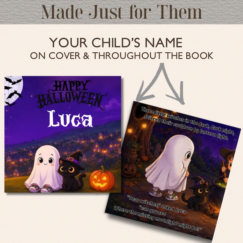 Może przedstawiać: Spersonalizowana książka dla dzieci o Halloween z duchem, czarnym kotem i dynią na okładce z imieniem Luca. Wewnętrzna strona przedstawia ducha i kota z tekstem Three little witches in the dark, dark night.