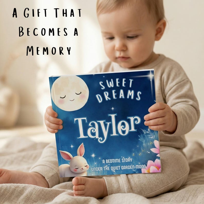 May include: A baby holds a personalized children's book with a blue cover. The book features the text "Sweet Dreams" and the name "Taylor". A smiling moon and a bunny are illustrated on the cover. The text "A Gift That Becomes a Memory" is at the top.