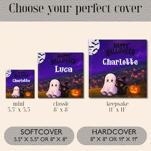 Może przedstawiać: Trzy kwadratowe książki z fioletowymi okładkami na Halloween przedstawiające ducha, czarnego kota w kapeluszu czarownicy i dynię. Tekst: "Choose your perfect cover", "Happy Halloween" oraz imiona "Charlotte" lub "Luca". Wymiary: 14x14 cm, 20x20 cm, 28x28 cm.