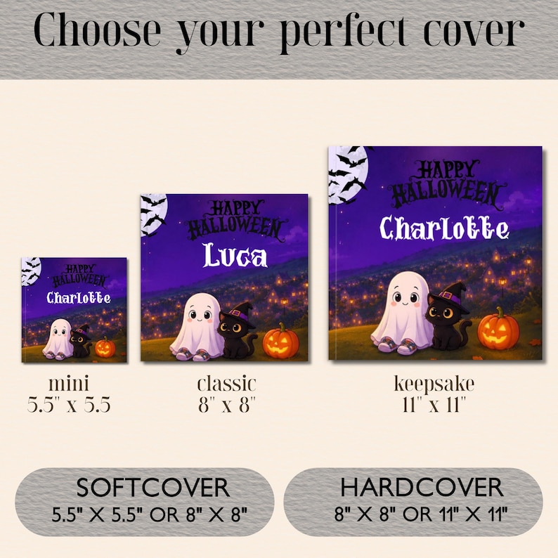 Może przedstawiać: Trzy kwadratowe książki z fioletowymi okładkami na Halloween przedstawiające ducha, czarnego kota w kapeluszu czarownicy i dynię. Tekst: "Choose your perfect cover", "Happy Halloween" oraz imiona "Charlotte" lub "Luca". Wymiary: 14x14 cm, 20x20 cm, 28x28 cm.