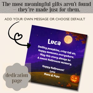 Może przedstawiać: Prostokątna karta przedstawiająca nocną scenerię z pełnią księżyca, świecącą dynią oraz tekstem: Luca, Smiling pumpkins, crisp fall air, Happy moments everywhere. May this story always be a sweet Halloween memory. Happy Halloween! Love Nana & Papa.