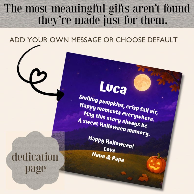 Może przedstawiać: Prostokątna karta przedstawiająca nocną scenerię z pełnią księżyca, świecącą dynią oraz tekstem: Luca, Smiling pumpkins, crisp fall air, Happy moments everywhere. May this story always be a sweet Halloween memory. Happy Halloween! Love Nana & Papa.