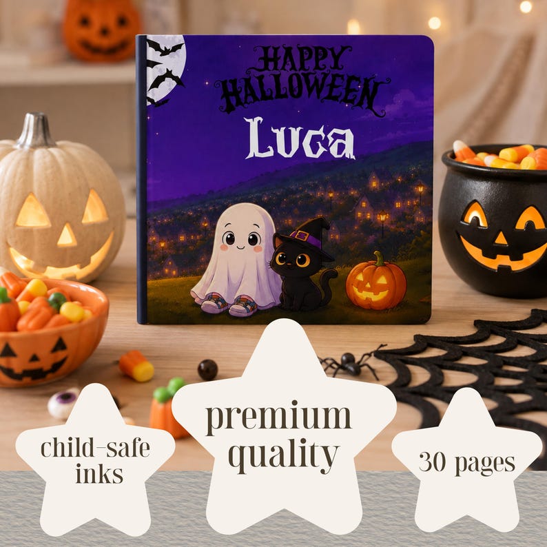 Może przedstawiać: Kwadratowa książka w twardej oprawie z tytułem Happy Halloween i nadrukowanym imieniem Luca na okładce. Ilustracja przedstawia kresk&oacute;wkowego ducha i czarnego kota w kapeluszu czarownicy w nocnym krajobrazie z pełnią księżyca, nietoperzami i dynią.