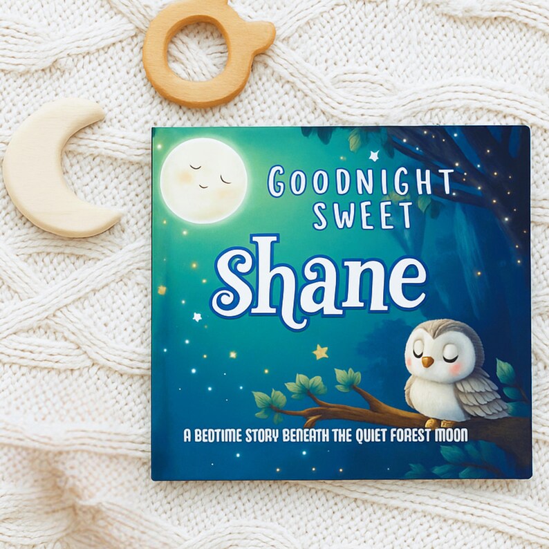 May include: A children's book titled "Goodnight Sweet Shane" with a blue cover featuring a moon, owl, and forest scene. Wooden toys, a crescent moon and a ring, are placed on a white knitted blanket.