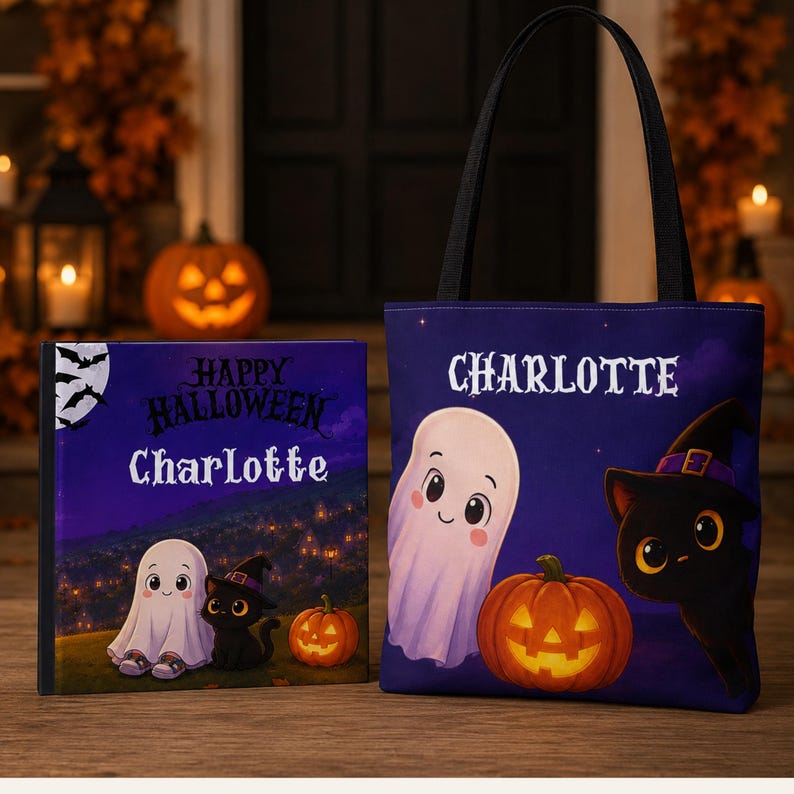 Może przedstawiać: Kwadratowa książka i torba typu tote z fioletową ilustracją o tematyce Halloween. Oba przedmioty zawierają imię Charlotte, białego ducha, czarnego kota w kapeluszu czarownicy oraz dynię. Torba posiada dwa czarne paski na ramię.