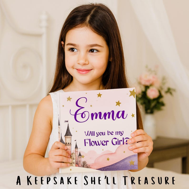 May include: A young girl holds a personalized book with the name "Emma" in purple script. The book cover features a castle illustration, gold stars, and the text "Will you be my Flower Girl?" and "A Keepsake She'll Treasure."