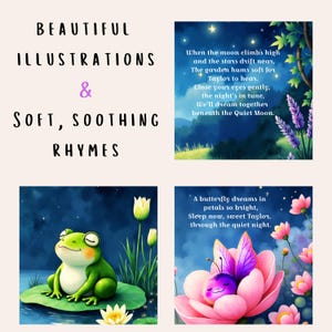 May include: A collection of illustrated art prints with text. The prints feature a frog on a lily pad, a butterfly in a flower, and a night scene with text that reads "When the moon climbs high..." and "A butterfly dreams in petals so bright..."
