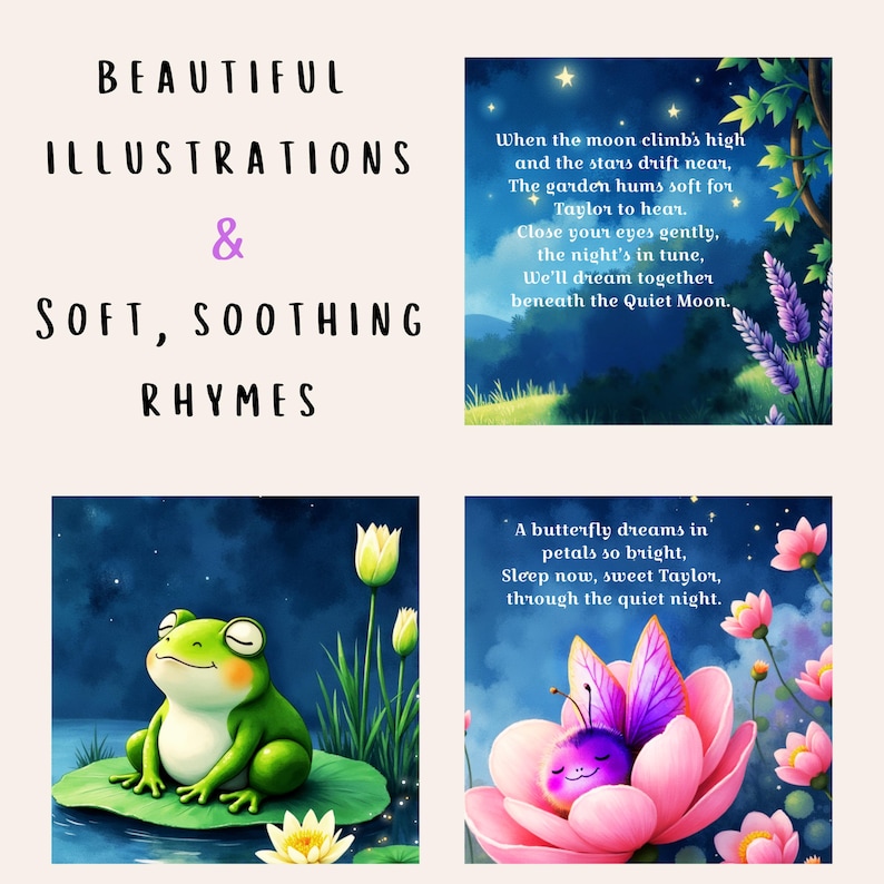 May include: A collection of illustrated art prints with text. The prints feature a frog on a lily pad, a butterfly in a flower, and a night scene with text that reads "When the moon climbs high..." and "A butterfly dreams in petals so bright..."
