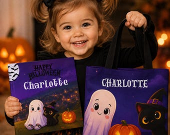 Personalized  Halloween Book , Matching Trick or Treat Bag , Custom Book with Name , Baby 1st Halloween Gift for Toddler Boy or Girl