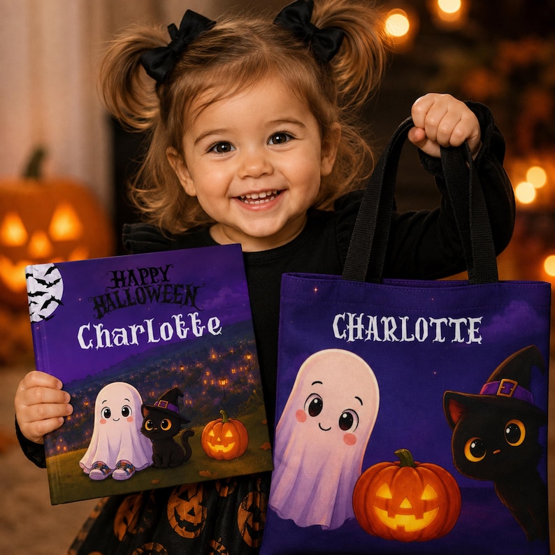 Może przedstawiać: Kwadratowa książka i torba z fioletowym motywem Halloween, przedstawiające białego ducha, czarnego kota w kapeluszu czarownicy oraz pomarańczową dynię. Oba przedmioty zawierają napis Happy Halloween oraz imię Charlotte wykonane białą czcionką.