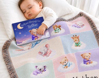 Personalized Baby Bedtime Story Book and Woven Nursery Blanket Set, Custom Newborn Gift for Baby Shower Naming Day First Birthday Christmas