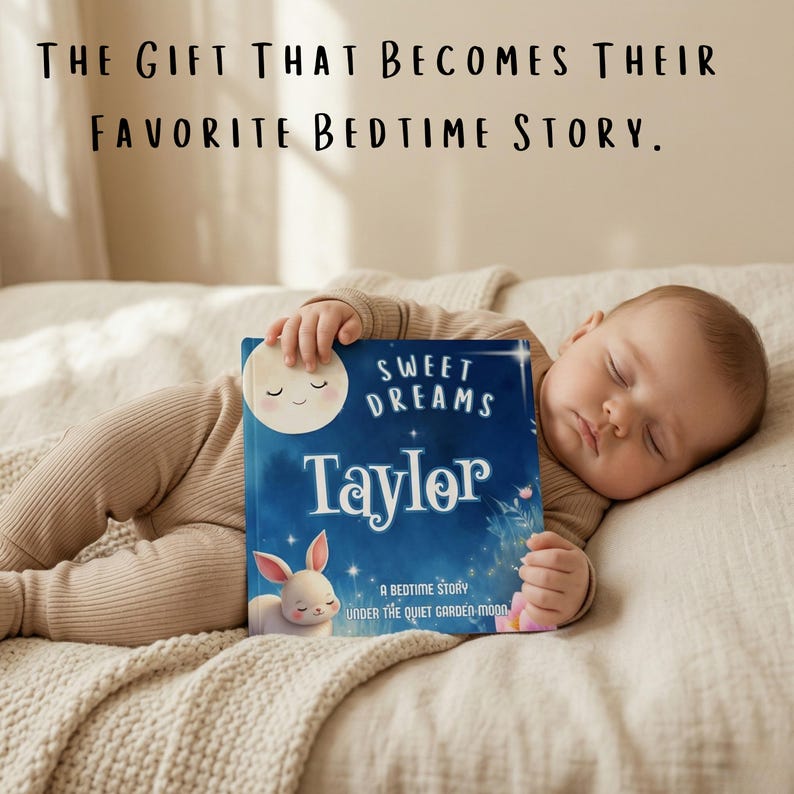May include: A sleeping baby lies on a bed, holding a blue book titled "Sweet Dreams Taylor." The book features a moon and a bunny illustration. The text above reads, "THE GIFT THAT BECOMES THEIR FAVORITE BEDTIME STORY."