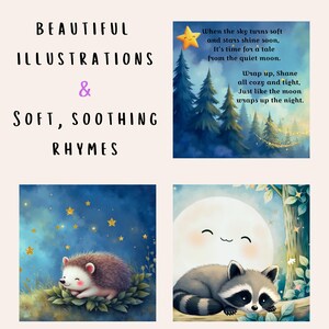 May include: A collection of children's illustrations with accompanying text. The images feature a smiling hedgehog, a raccoon, a moon, and a star. The text reads "Beautiful Illustrations & Soft, Soothing Rhymes" and a poem about the moon and stars.