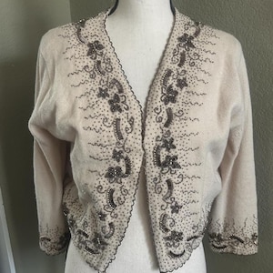 Vintage 1950s-1960s Beaded Wool Angora Blend Cardigan with Butterfly Motif - Made in Hong Kong