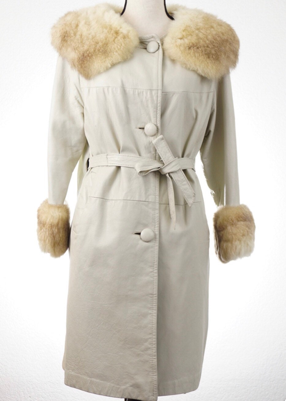 1950s Ecru Leather Coat With Rabbit Fur Collar and Cuffs Etsy