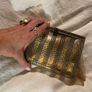 Gorgeous VLV clear rhinestone and leopard print gold insert 1950s vintage party evening clutch NYE image 1