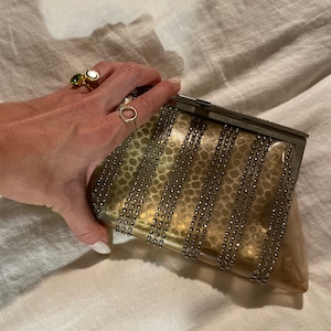 Gorgeous VLV clear rhinestone and leopard print gold insert 1950s vintage party evening clutch NYE