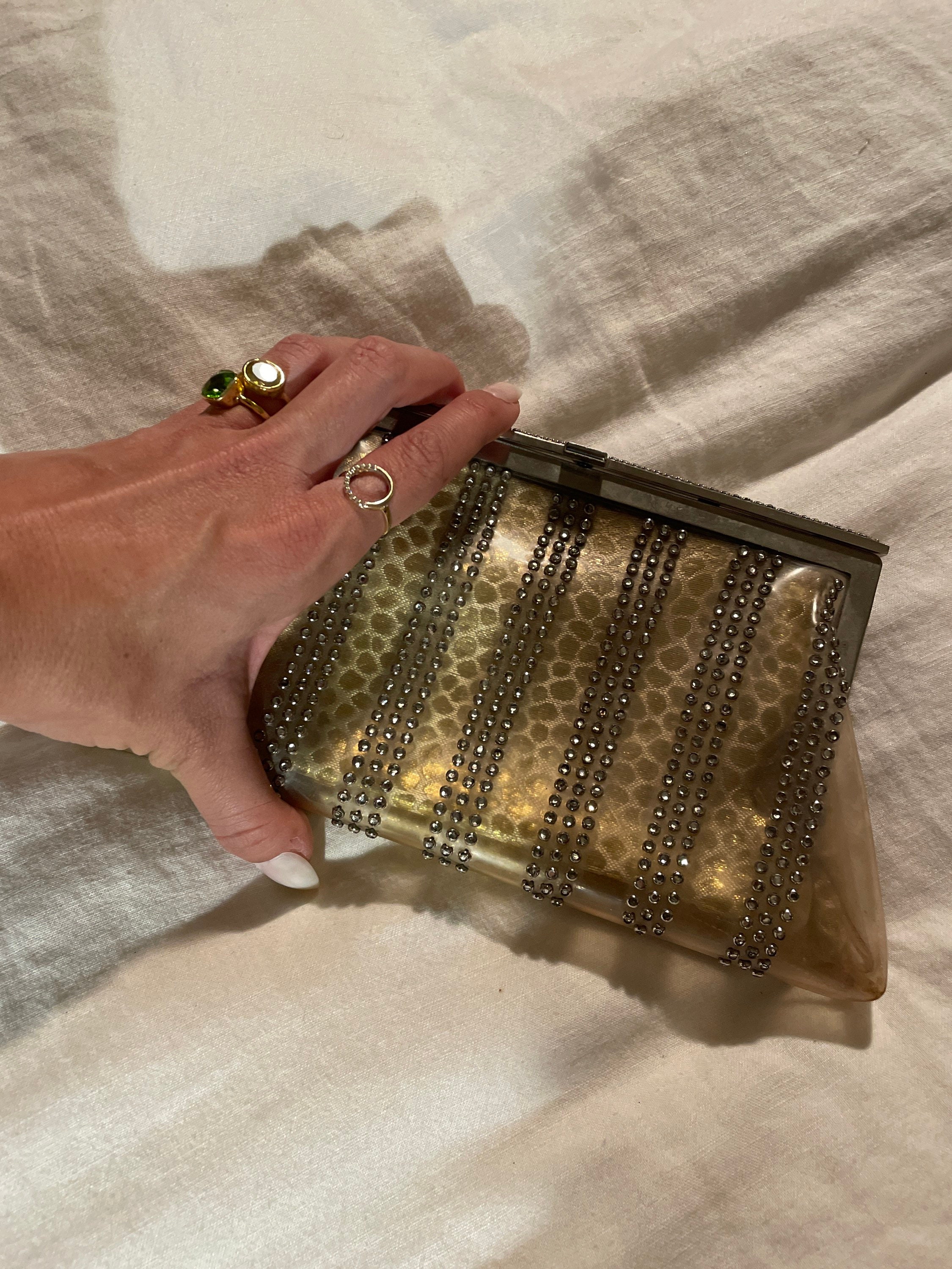 Gorgeous VLV clear rhinestone and leopard print gold insert 1950s vintage party evening clutch NYE