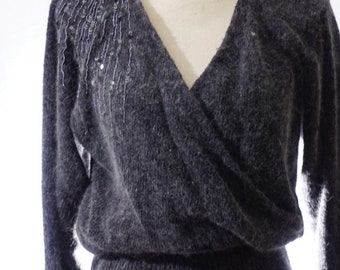 Vintage 1980s Sequin Embellished Grey Angora and Silk Surplice Sweater