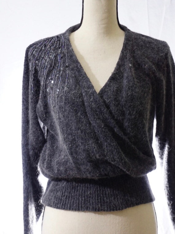Vintage 1980s Sequin Embellished Grey Angora and S