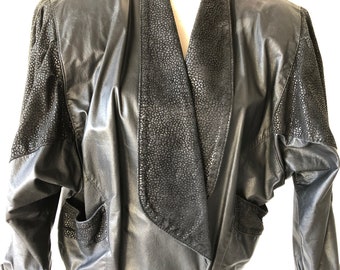 Perfect ‘80s 1980s French black leather jacket with snakeskin trim
