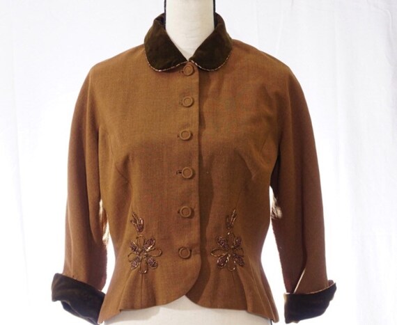 1940s 1950s Beaded Mocha Brown Gabardine Blazer Ja