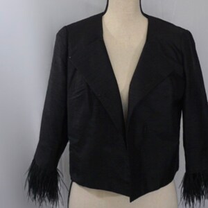 Vintage Couture Revival 1960s Shantung Silk Black Jacket with Ostrich Feather Trim
