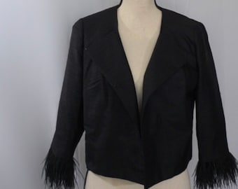 Vintage Couture Revival 1960s Shantung Silk Black Jacket with Ostrich Feather Trim