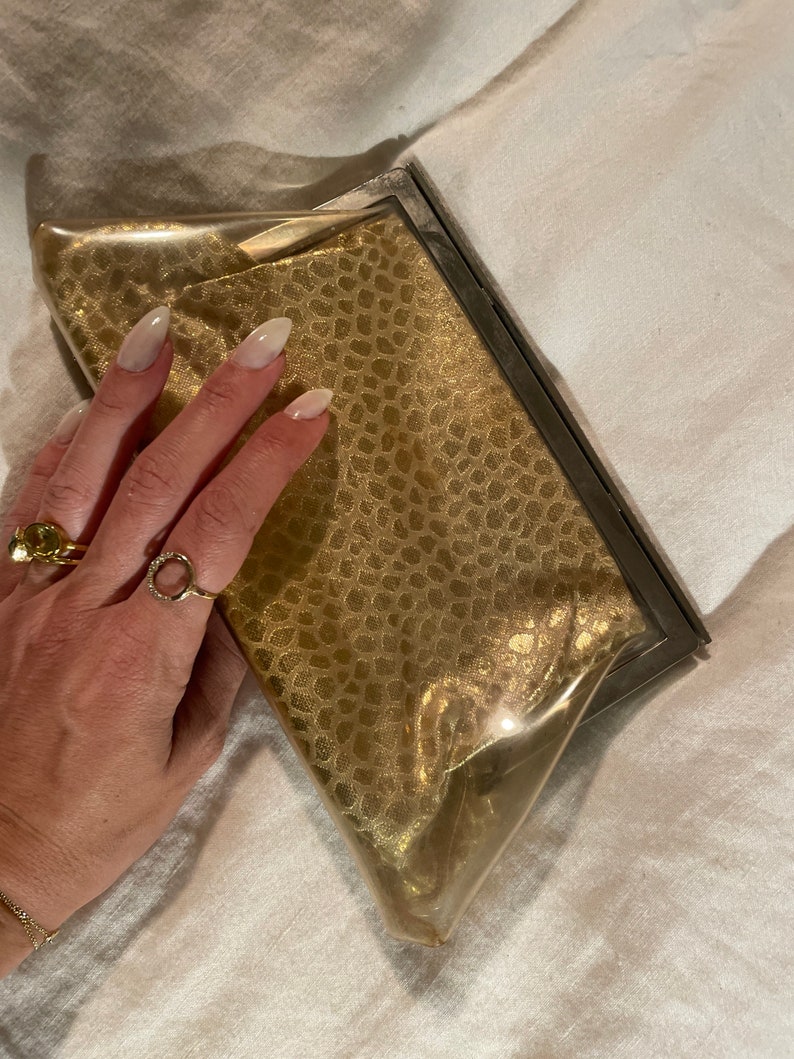 Gorgeous VLV clear rhinestone and leopard print gold insert 1950s vintage party evening clutch NYE image 2