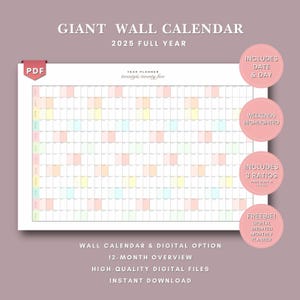 Calendario gigante imprimible para pared de año completo 2025, calendario digital anual, póster anual, PDF imprimible grande, planificador familiar A1, 365 días
