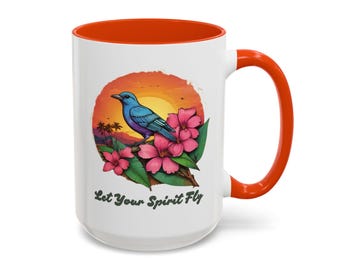Let Your Spirit Fly Bunte Tassen (11 Unzen, 15 Unzen) Tropischer Sonnenuntergang Hibiskus & Vogel Kaffeetasse, Inspirational Beach Geschenk