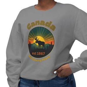 Canada Est. 1867 Sweatshirt - With Glowing Hearts Moose Crewneck - Vintage Canadian Pride Pullover Unisex Lightweight Crewneck Sweatshirt