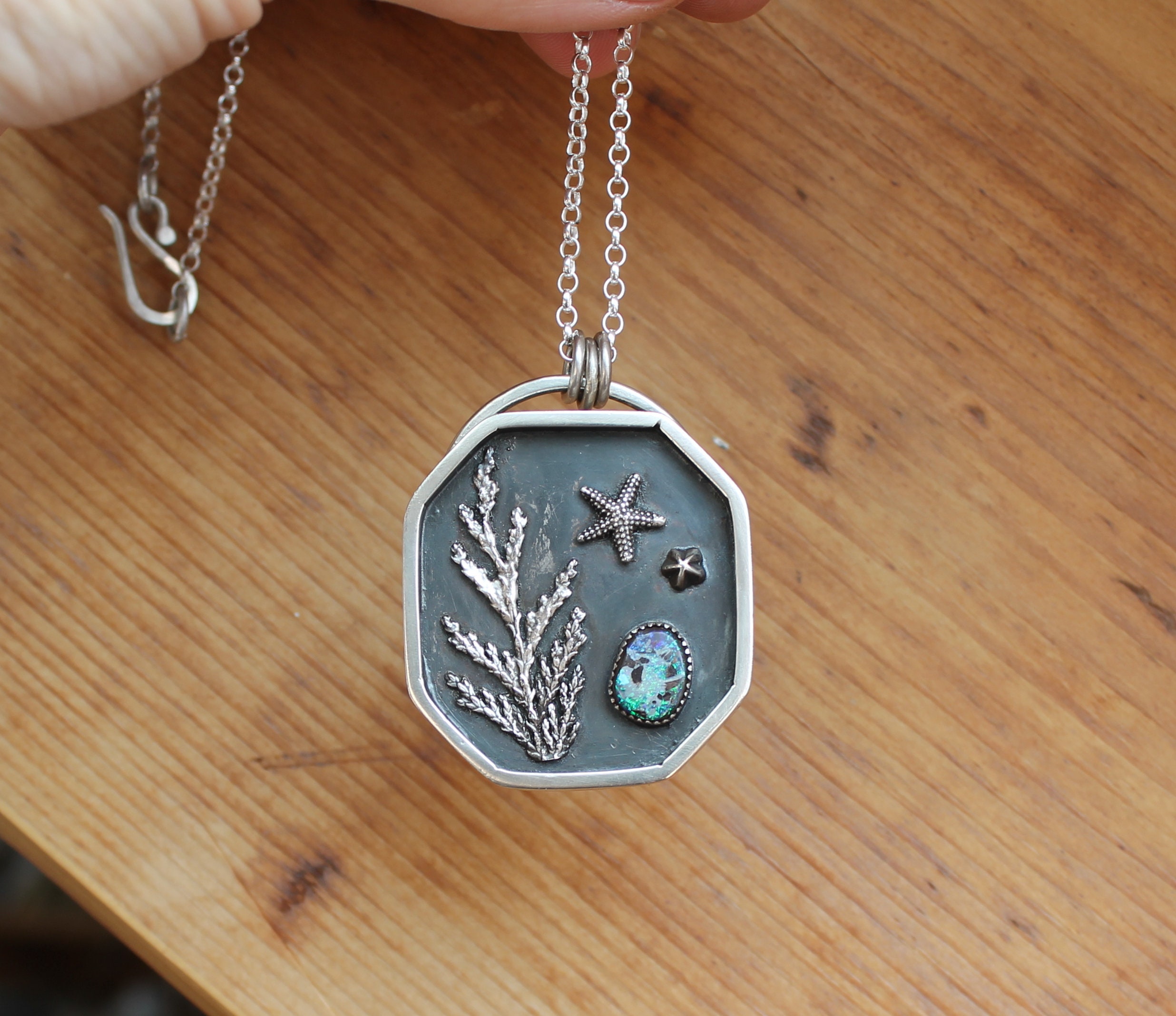 Sterling Silver Shadow Box Necklace Green Opal Shell Etsy UK