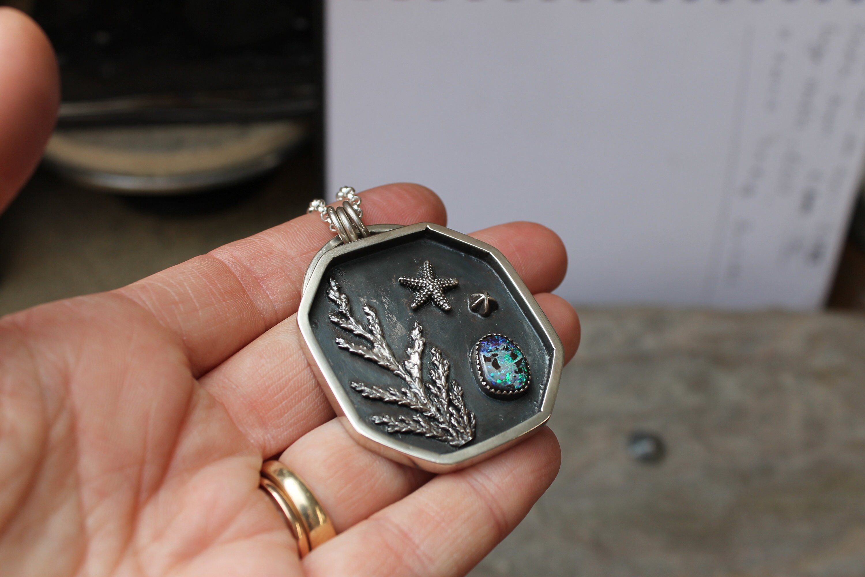 Sterling Silver Shadow Box Necklace Green Opal Shell Etsy UK