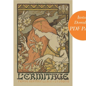 May include: A vintage poster for L'Ermitage, a French illustrated magazine, featuring a woman with red hair and a white dress surrounded by white lilies. The poster is in an Art Nouveau style with a decorative border and text in French.