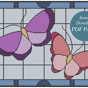 May include: Cross stitch pattern featuring two butterflies in a stained glass style. The butterflies are purple and pink with yellow accents. The pattern is available for instant download as a PDF.