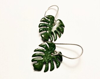 Monstera Plant Earrings Medium Size, Green Leaf Earrings, Plant Lover Gift