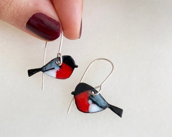 Enamel Bullfinch Earrings, Dangle Bird Earrings, Bird Drop Earrings