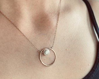 14k Gold Eternity Circle Necklace, Pearl Pendant Necklace 14k Gold Filled, Circle Pendant Necklace