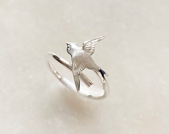 Adjustable Silver Ring Swallow Bird Open Band Ring Sterling Silver