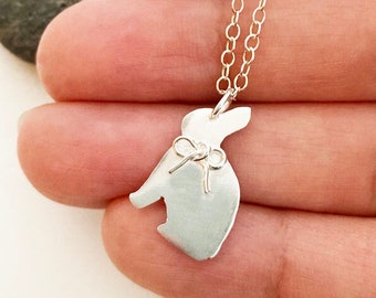 Rabbit Necklace Little Girl Gift Bunny Necklace with a Little Bow Tied Around Its Neck Sterling Silver