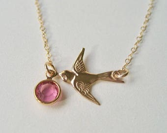 Tiny Swallow Birthstone Necklace, Gold Filled Necklace, Bird Necklace