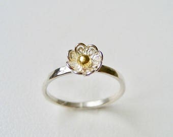 Silver Flower Ring with Solid 18k Gold Ball, Christmas Gift, Sterling Silver Engagement Ring