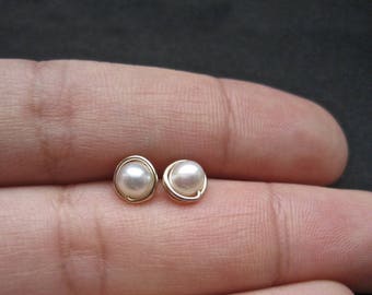 Christmas Gift, White Pearl Stud Earrings, Delicate Sterling Silver Studs