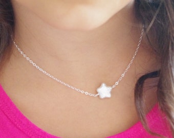 Sterling Silver Small Star Pearl Necklace, Little Girl Necklace, Celestial Jewelry, Pearl Star Necklace